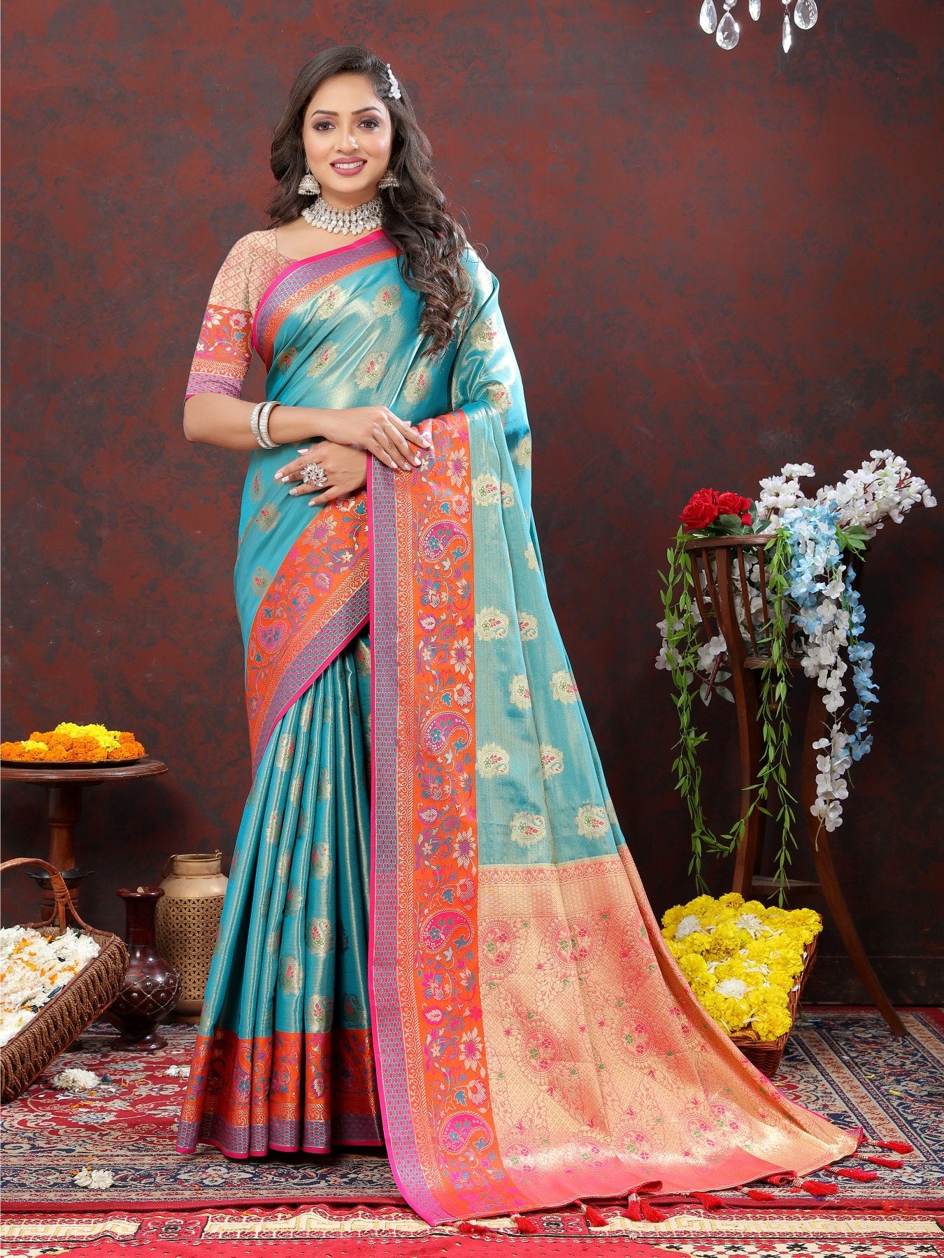 Desuetude Firozi Soft Banarasi Silk Saree With Petrichor Blouse Piece