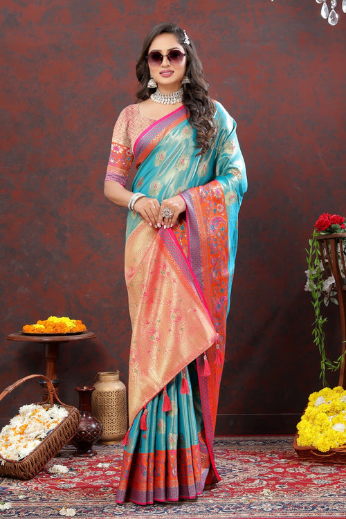 Load image into Gallery viewer, Desuetude Firozi Soft Banarasi Silk Saree With Petrichor Blouse Piece
