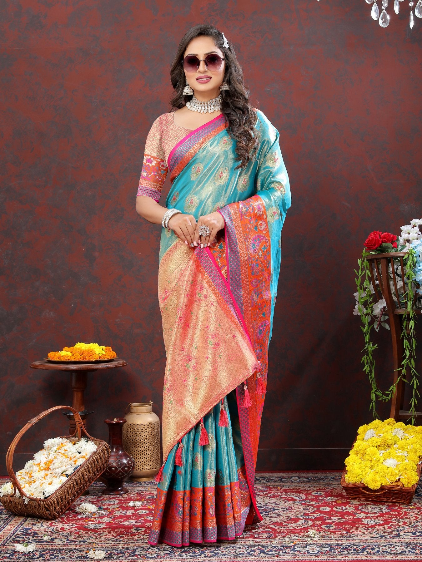 Desuetude Firozi Soft Banarasi Silk Saree With Petrichor Blouse Piece