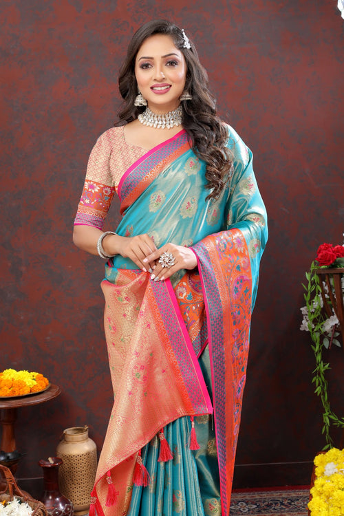 Load image into Gallery viewer, Desuetude Firozi Soft Banarasi Silk Saree With Petrichor Blouse Piece
