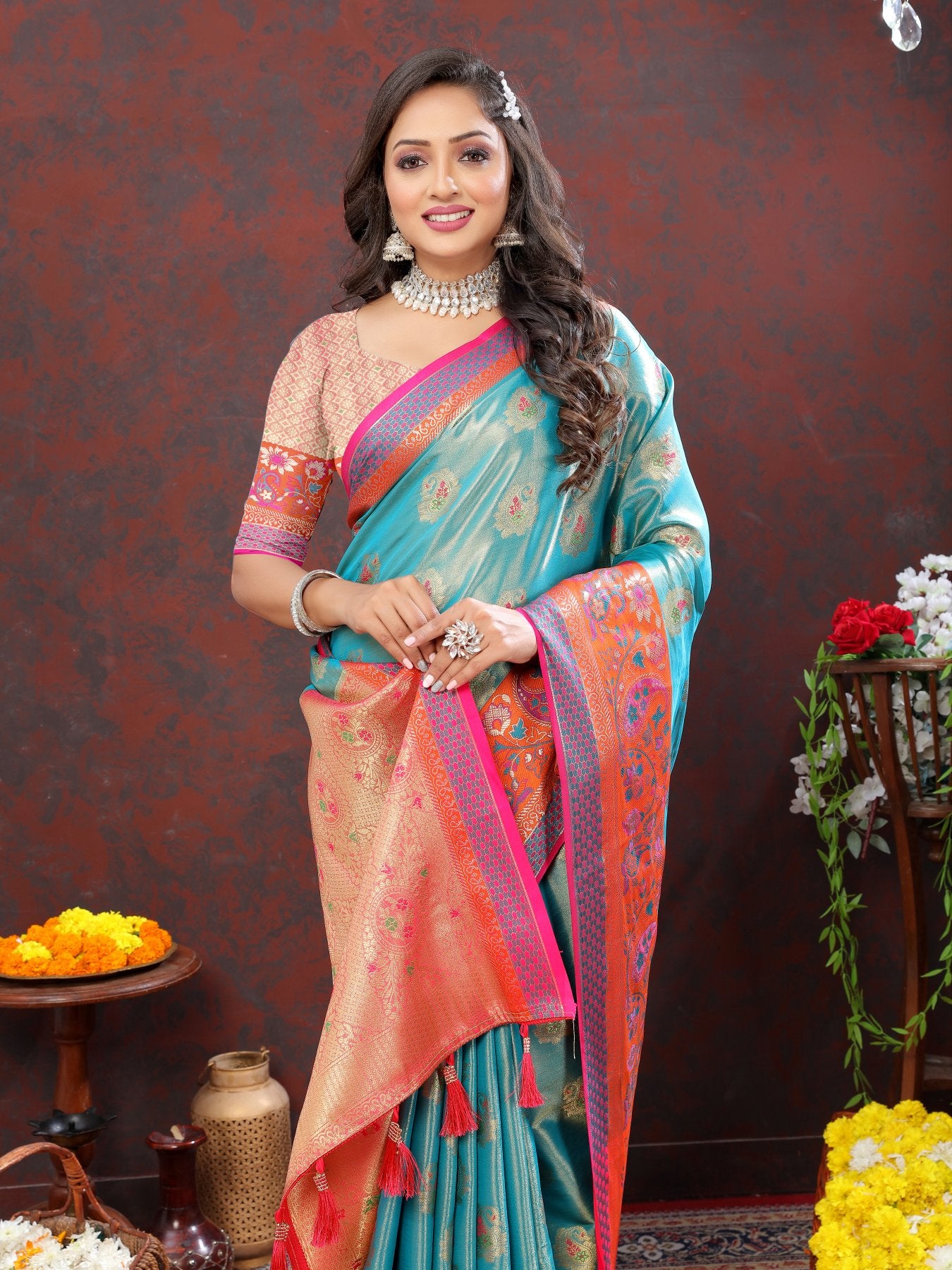 Desuetude Firozi Soft Banarasi Silk Saree With Petrichor Blouse Piece