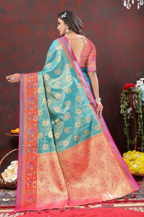 Load image into Gallery viewer, Desuetude Firozi Soft Banarasi Silk Saree With Petrichor Blouse Piece
