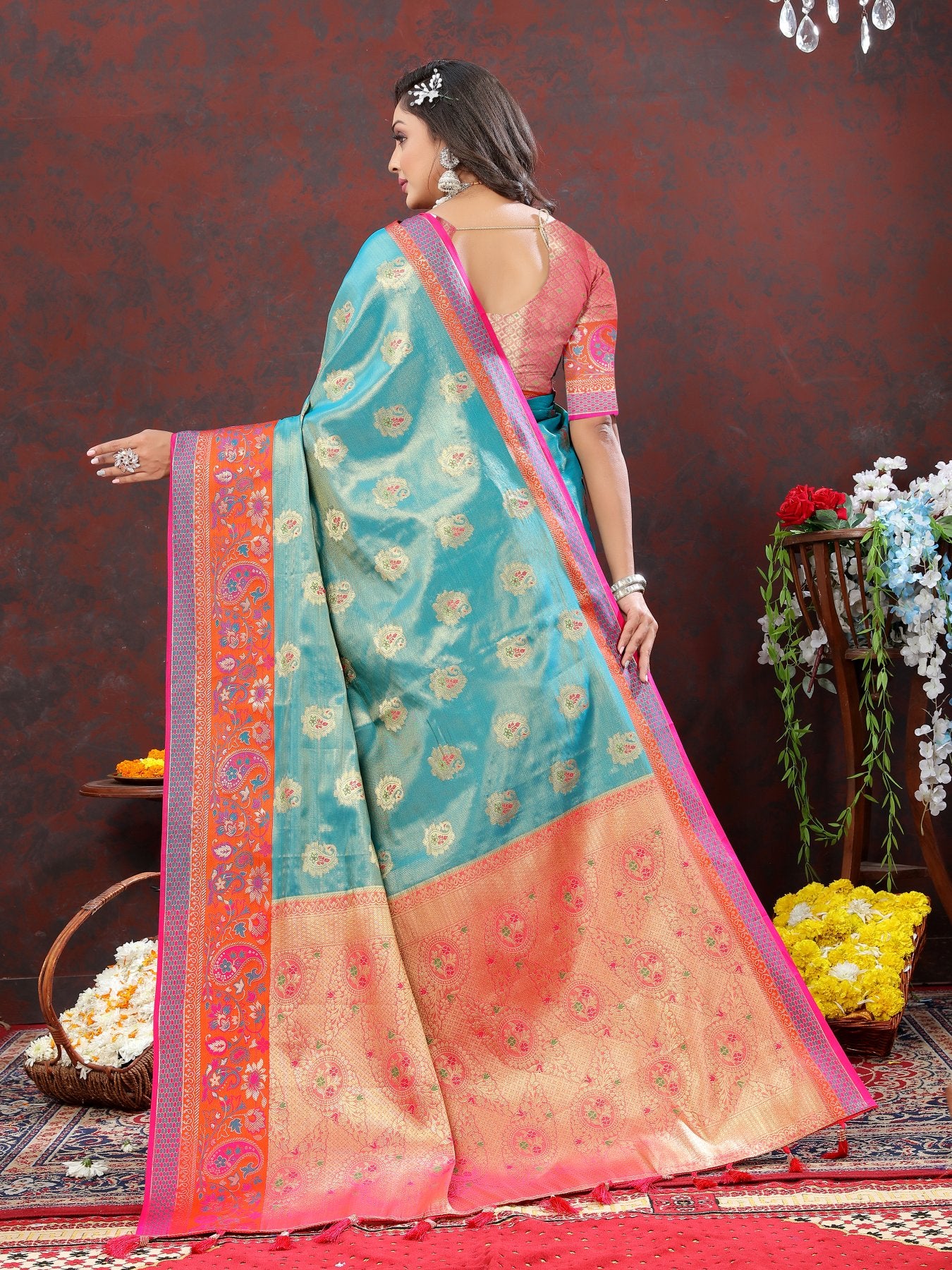 Desuetude Firozi Soft Banarasi Silk Saree With Petrichor Blouse Piece