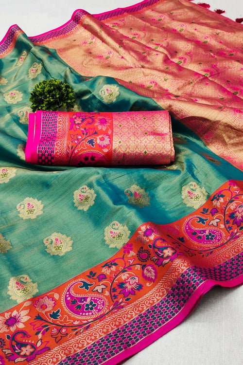 Load image into Gallery viewer, Desuetude Firozi Soft Banarasi Silk Saree With Petrichor Blouse Piece
