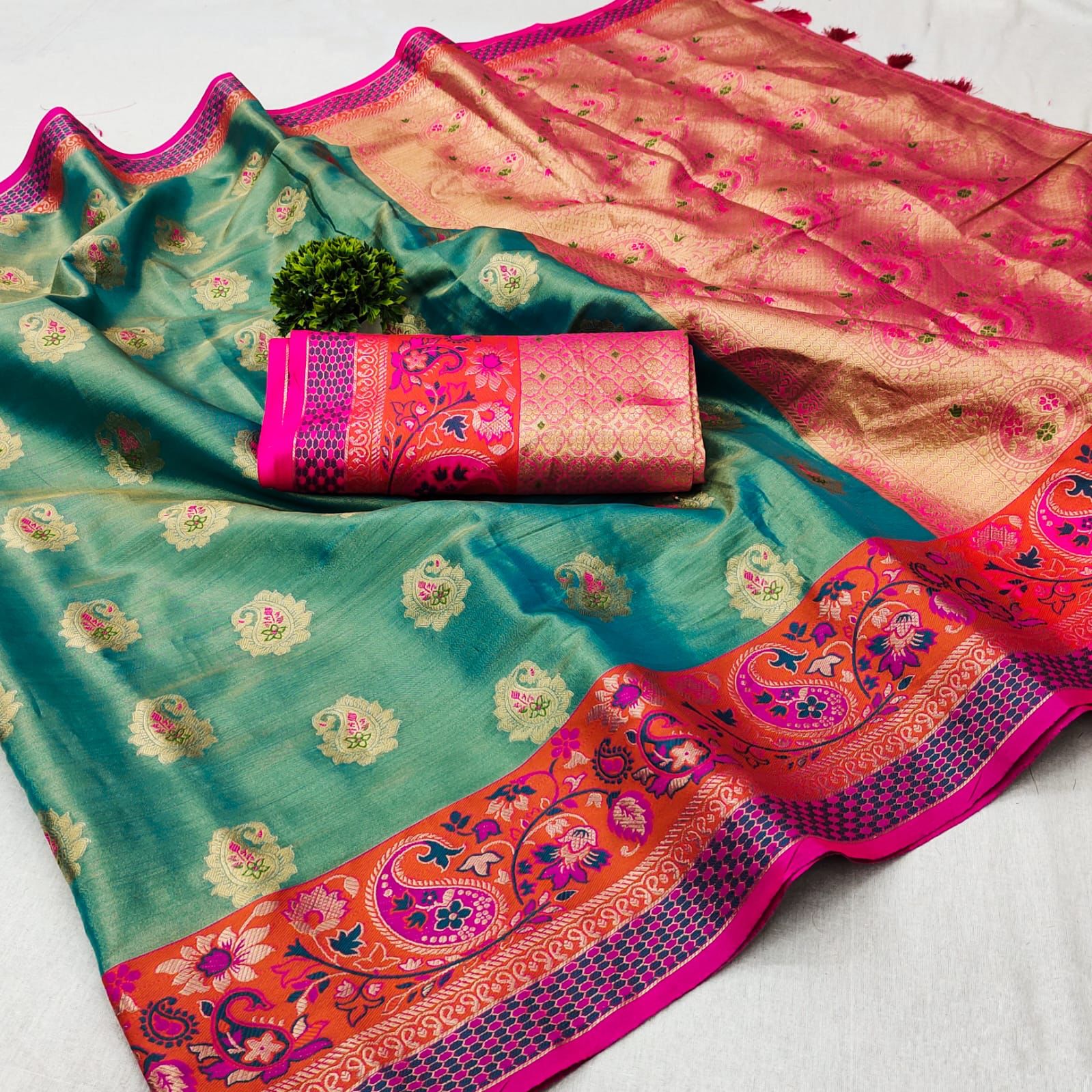 Desuetude Firozi Soft Banarasi Silk Saree With Petrichor Blouse Piece