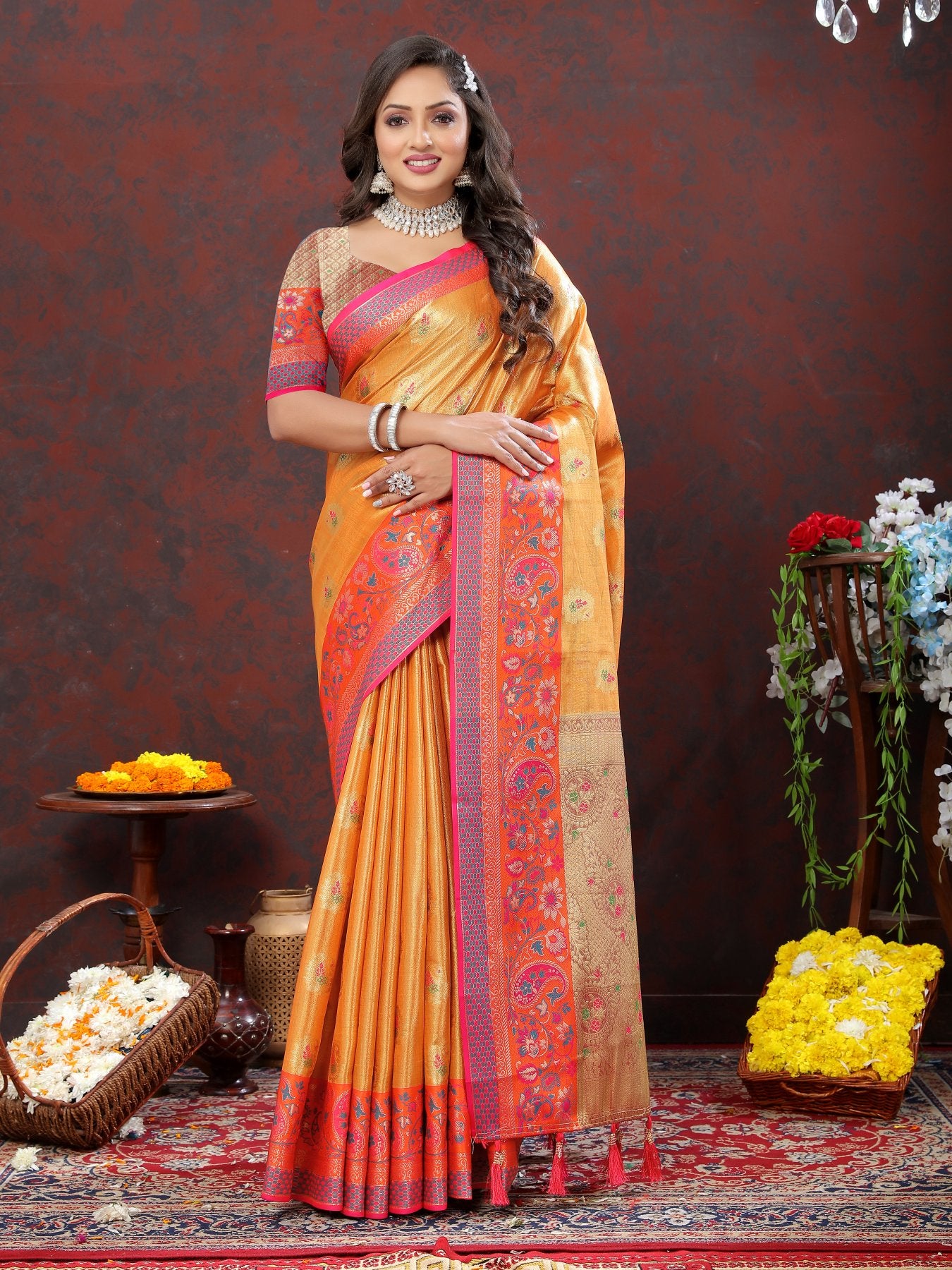 Panoply Orange Soft Banarasi Silk Saree With Imbrication Blouse Piece