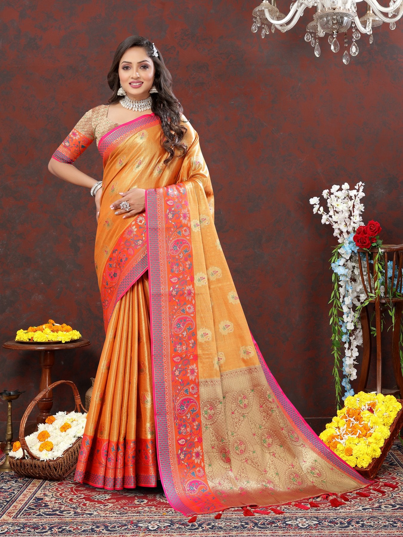 Panoply Orange Soft Banarasi Silk Saree With Imbrication Blouse Piece