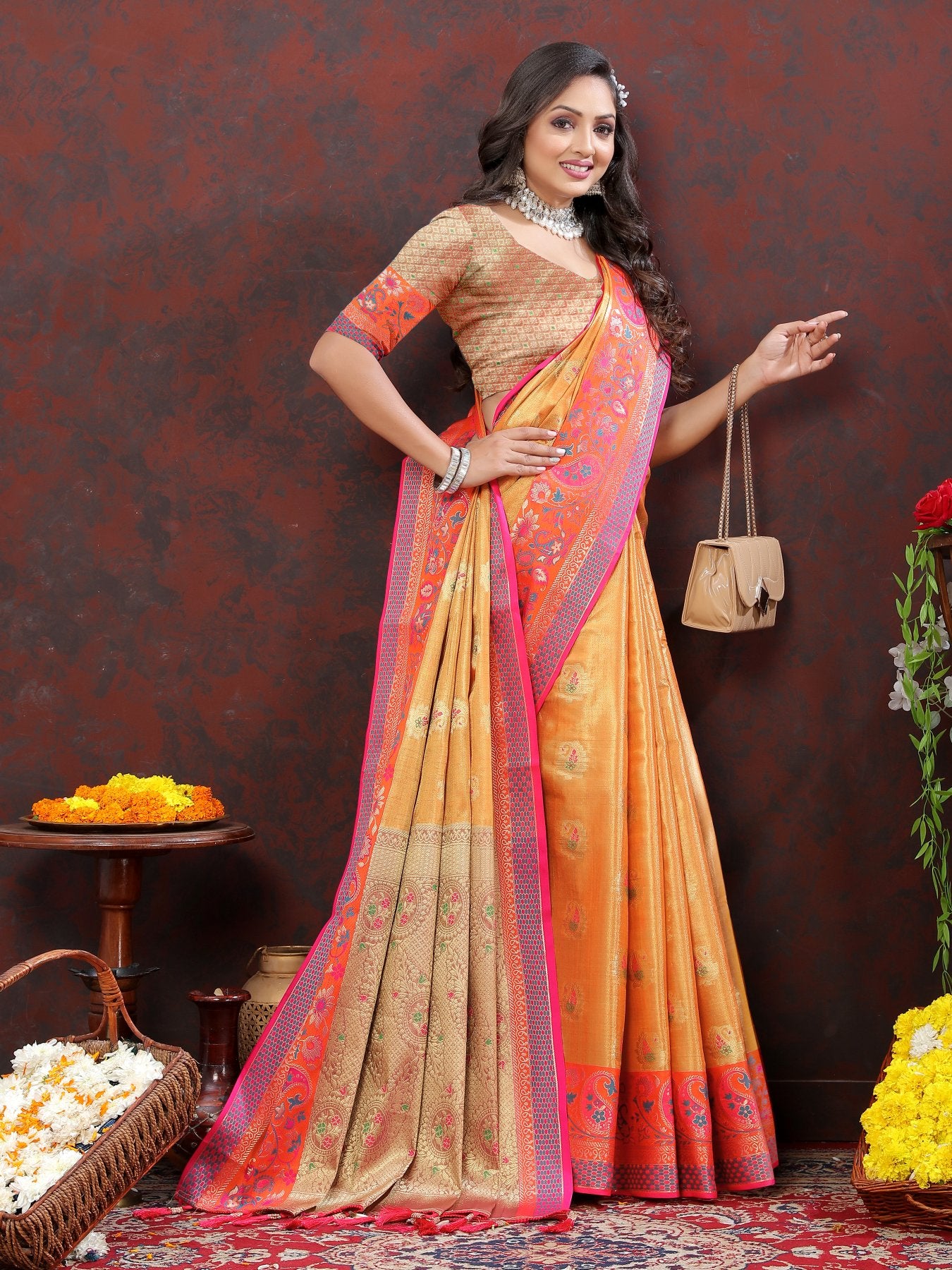 Panoply Orange Soft Banarasi Silk Saree With Imbrication Blouse Piece