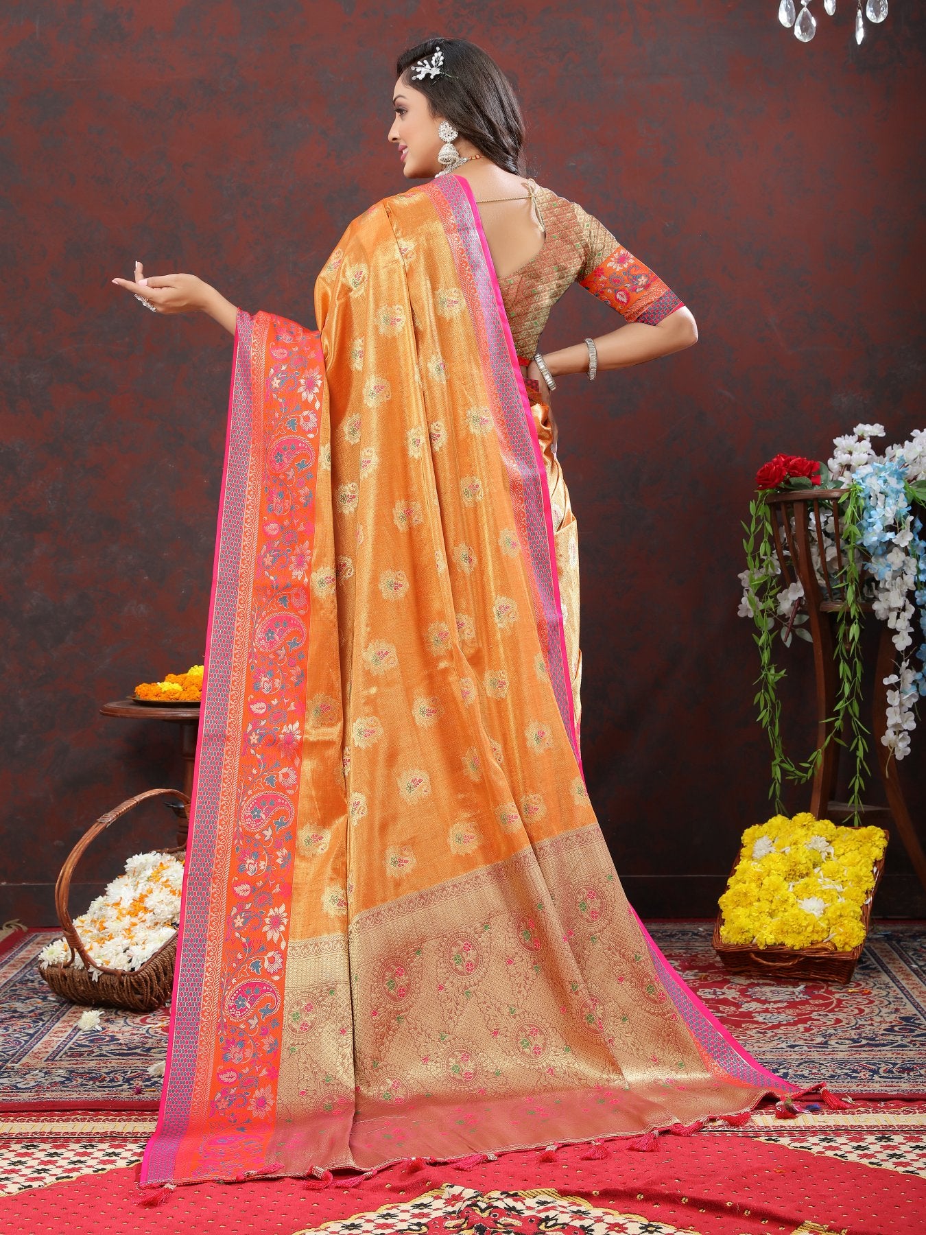 Panoply Orange Soft Banarasi Silk Saree With Imbrication Blouse Piece