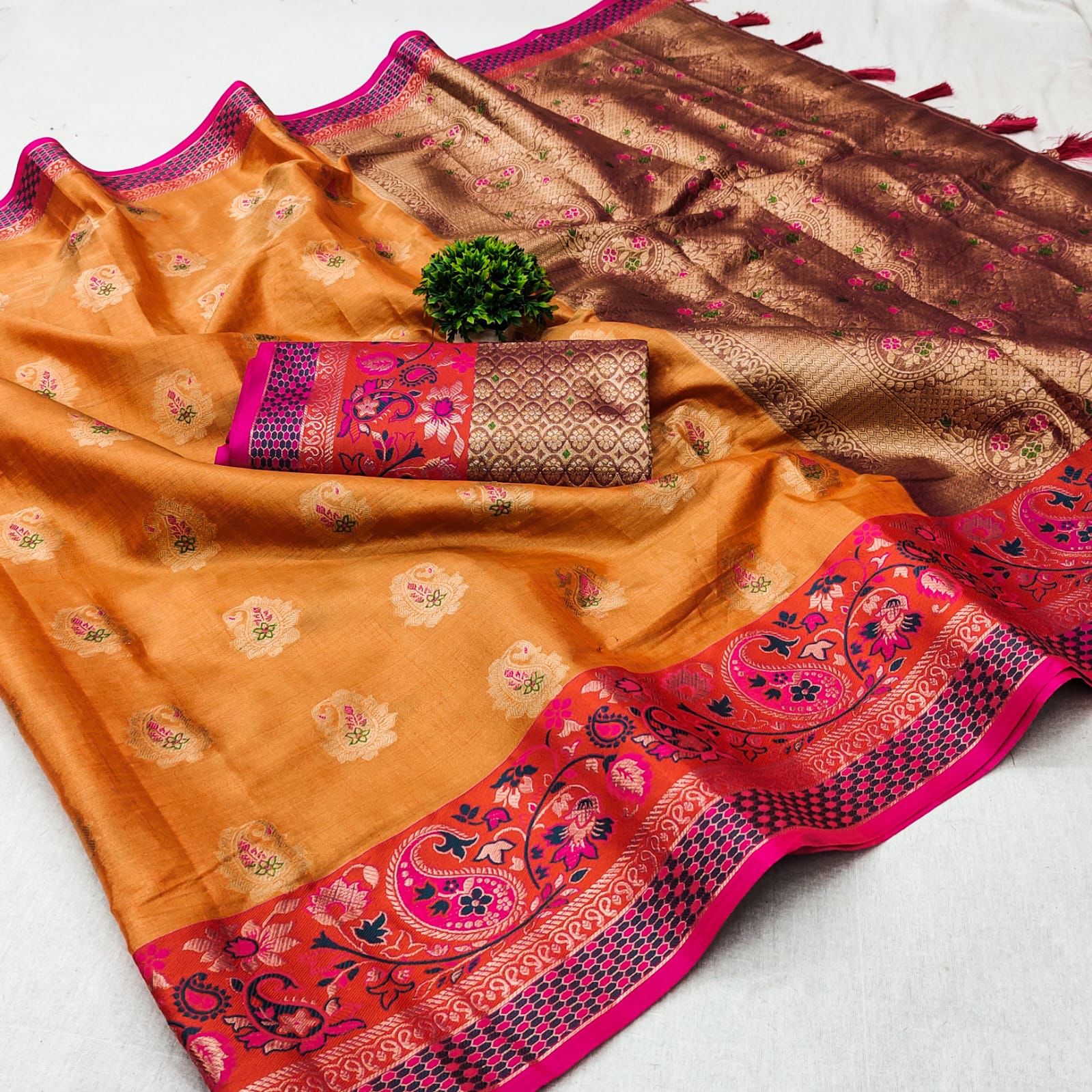 Panoply Orange Soft Banarasi Silk Saree With Imbrication Blouse Piece