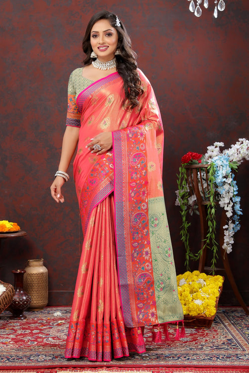 Load image into Gallery viewer, Eloquence Peach Soft Banarasi Silk Saree With Quintessential Blouse Piece
