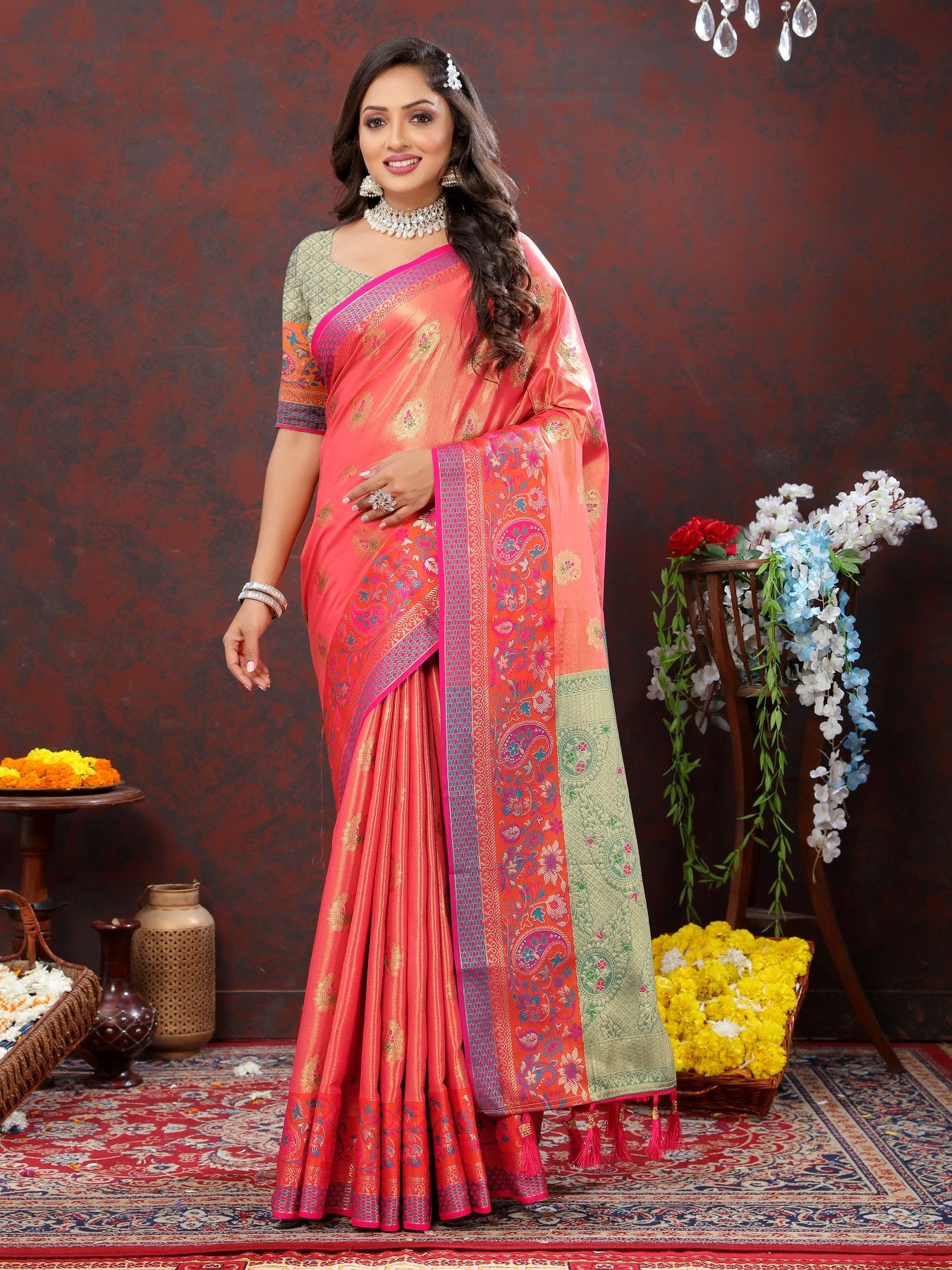 Eloquence Peach Soft Banarasi Silk Saree With Quintessential Blouse Piece