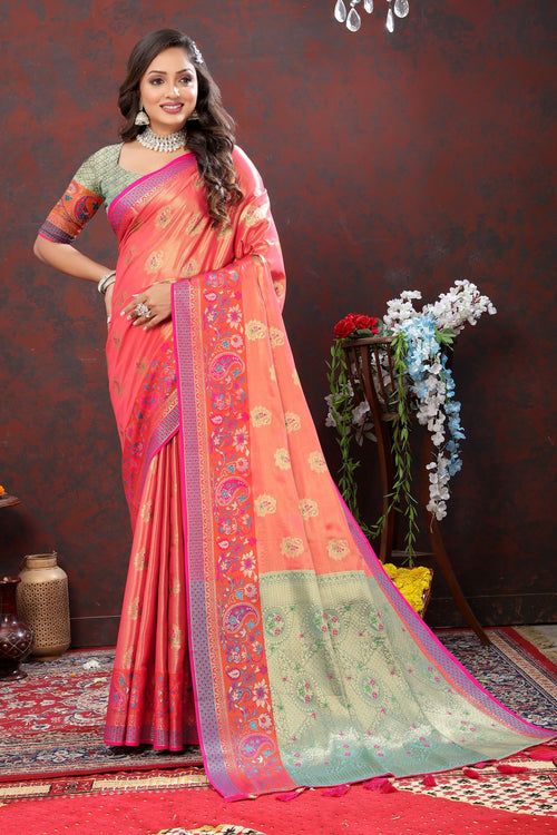 Load image into Gallery viewer, Eloquence Peach Soft Banarasi Silk Saree With Quintessential Blouse Piece
