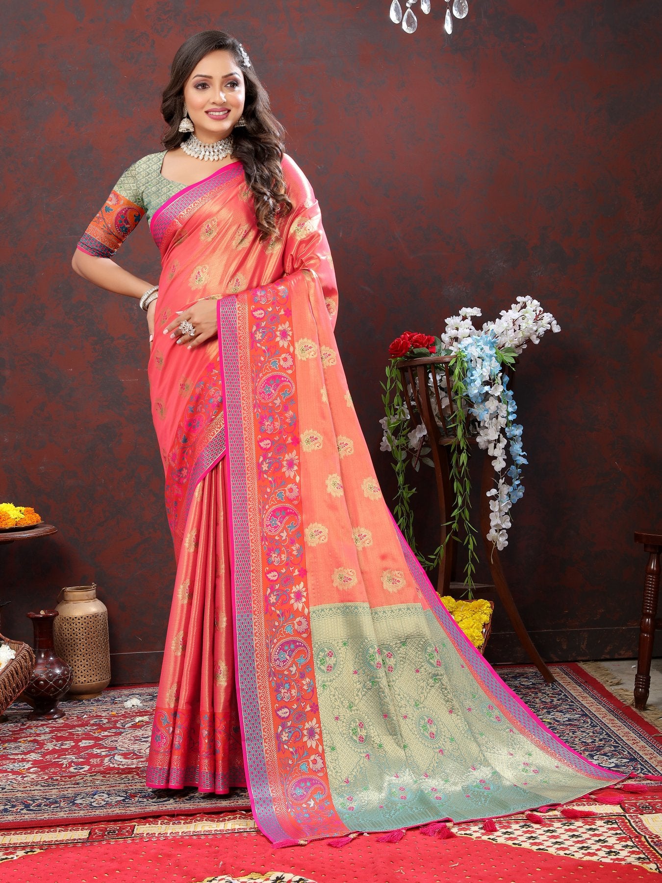 Eloquence Peach Soft Banarasi Silk Saree With Quintessential Blouse Piece