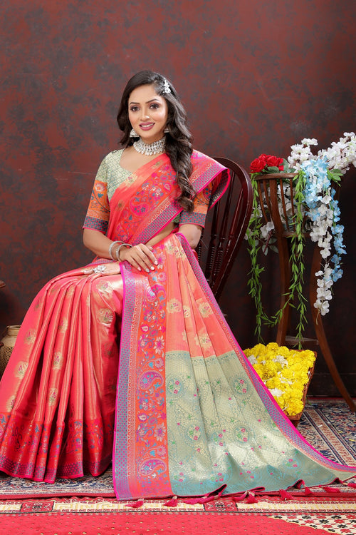 Load image into Gallery viewer, Eloquence Peach Soft Banarasi Silk Saree With Quintessential Blouse Piece
