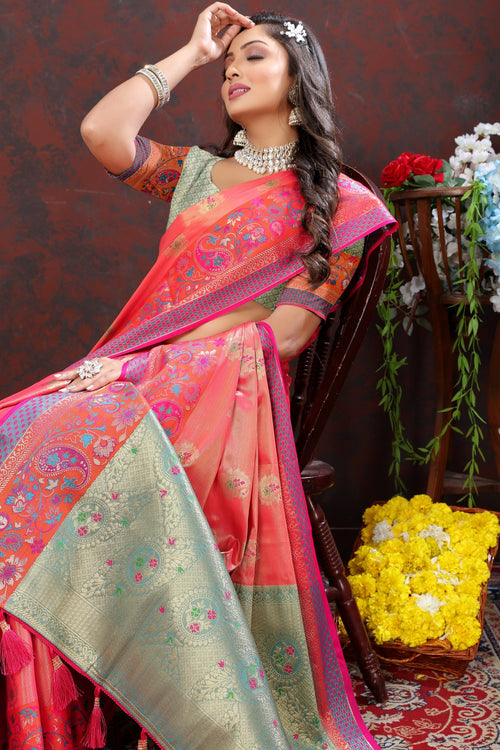 Load image into Gallery viewer, Eloquence Peach Soft Banarasi Silk Saree With Quintessential Blouse Piece
