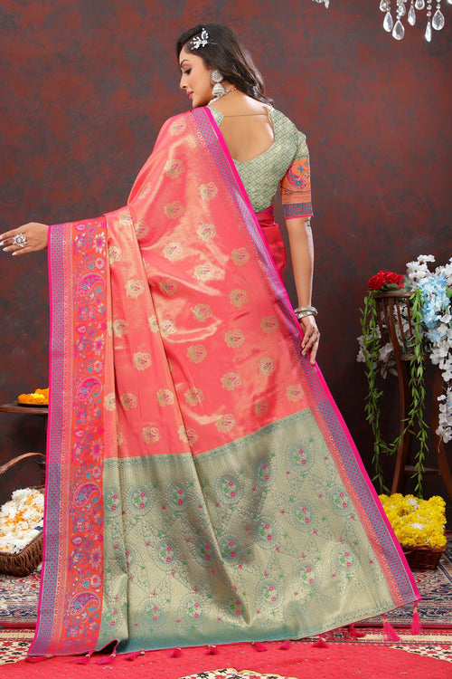 Load image into Gallery viewer, Eloquence Peach Soft Banarasi Silk Saree With Quintessential Blouse Piece
