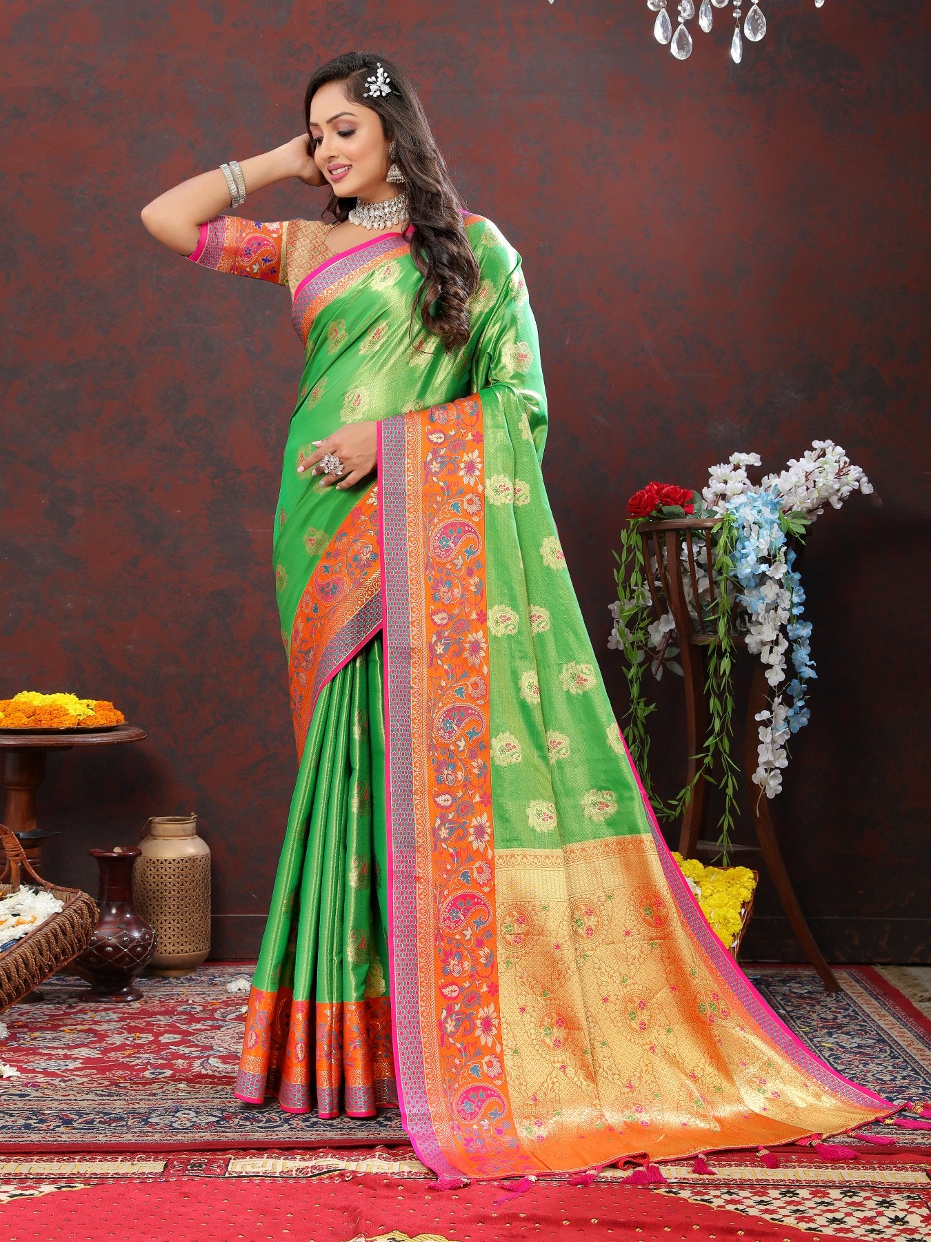 Delectable Perrot Soft Banarasi Silk Saree With Artistic Blouse Piece