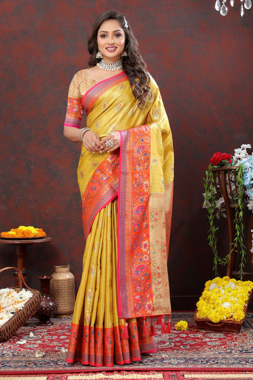 Load image into Gallery viewer, Confounding Yellow Soft Banarasi Silk Saree With Fantabulous Blouse Piece
