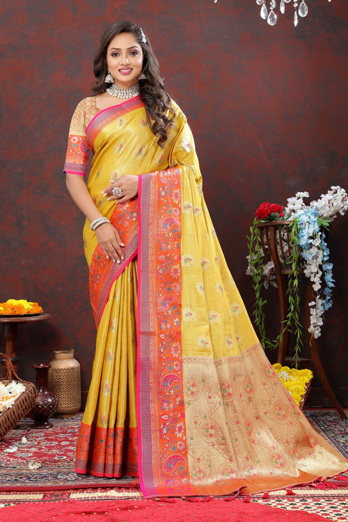 Load image into Gallery viewer, Confounding Yellow Soft Banarasi Silk Saree With Fantabulous Blouse Piece
