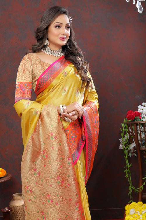 Load image into Gallery viewer, Confounding Yellow Soft Banarasi Silk Saree With Fantabulous Blouse Piece
