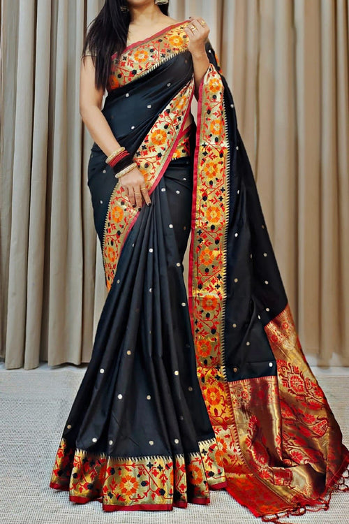 Load image into Gallery viewer, Quintessential Black Soft Banarasi Silk Saree With Amiable Blouse Piece
