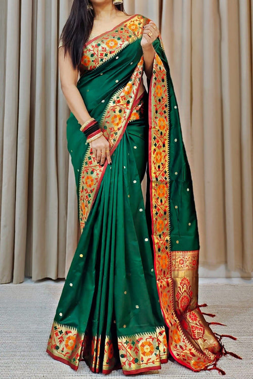 Load image into Gallery viewer, Redolent Dark Green Soft Banarasi Silk Saree With Artistic Blouse Piece
