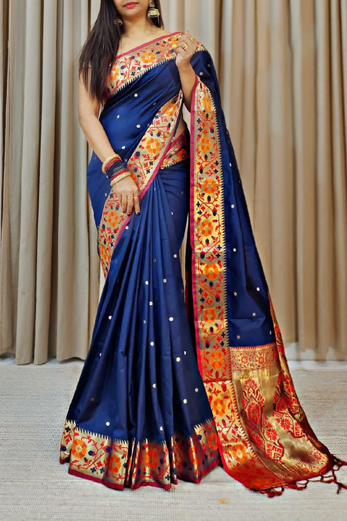 Load image into Gallery viewer, Vestigial Navy Blue Soft Banarasi Silk Saree With Elaborate Blouse Piece
