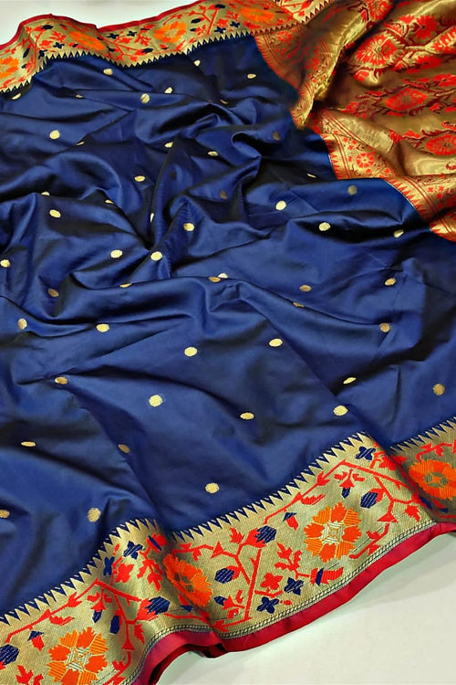 Load image into Gallery viewer, Vestigial Navy Blue Soft Banarasi Silk Saree With Elaborate Blouse Piece
