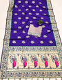 Demure Royal Blue Paithani Silk Saree With Imbrication Blouse Piece