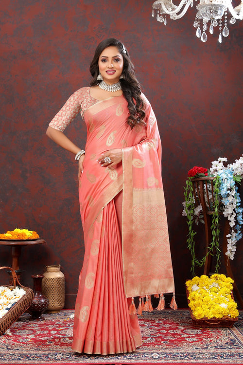 Load image into Gallery viewer, Ailurophile Peach Cotton Silk Saree With Evanescent Blouse Piece
