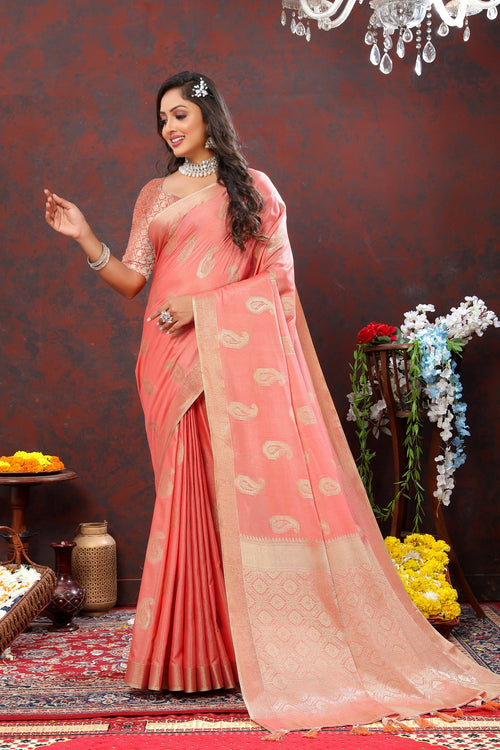 Load image into Gallery viewer, Ailurophile Peach Cotton Silk Saree With Evanescent Blouse Piece
