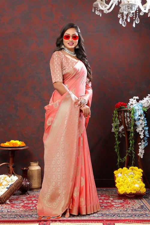 Load image into Gallery viewer, Ailurophile Peach Cotton Silk Saree With Evanescent Blouse Piece
