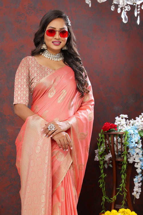 Load image into Gallery viewer, Ailurophile Peach Cotton Silk Saree With Evanescent Blouse Piece
