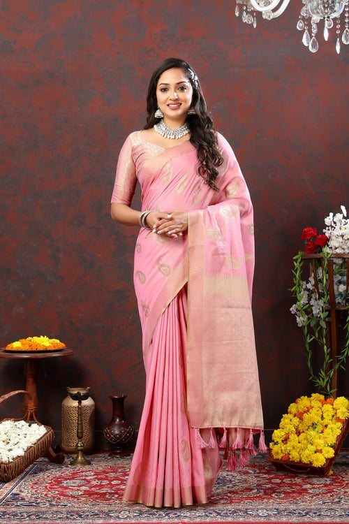 Load image into Gallery viewer, Chatoyant Pink Cotton Silk Saree With Forbearance Blouse Piece
