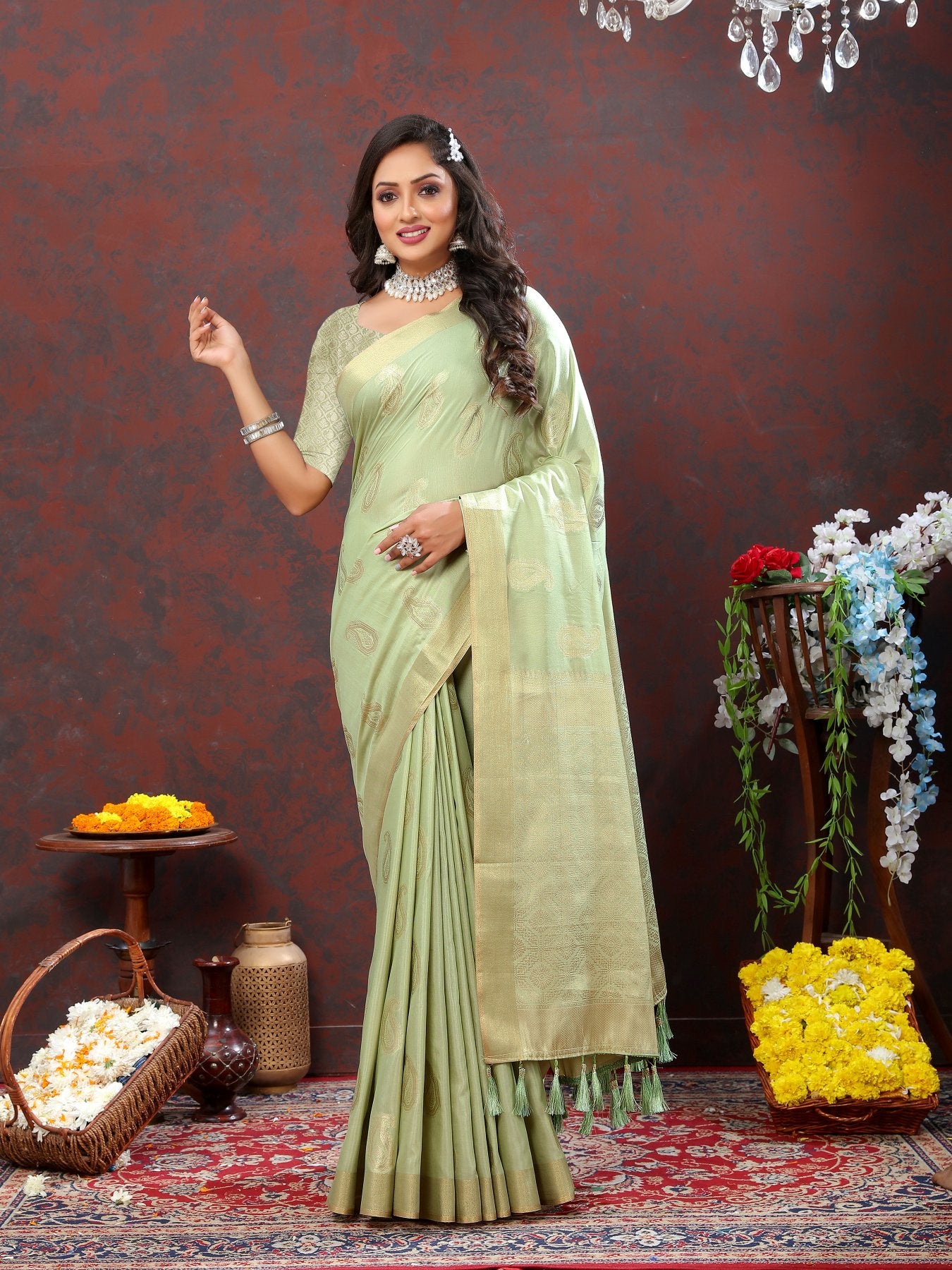 Demesne Pista Cotton Silk Saree With Seraglio Blouse Piece