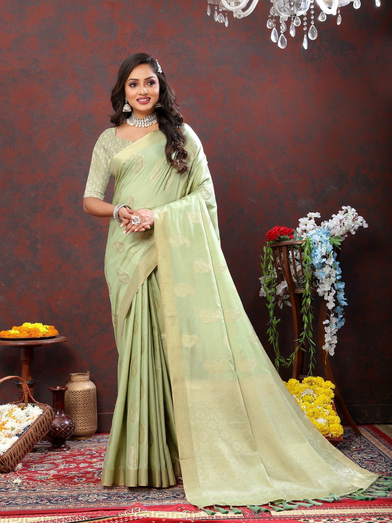 Demesne Pista Cotton Silk Saree With Seraglio Blouse Piece