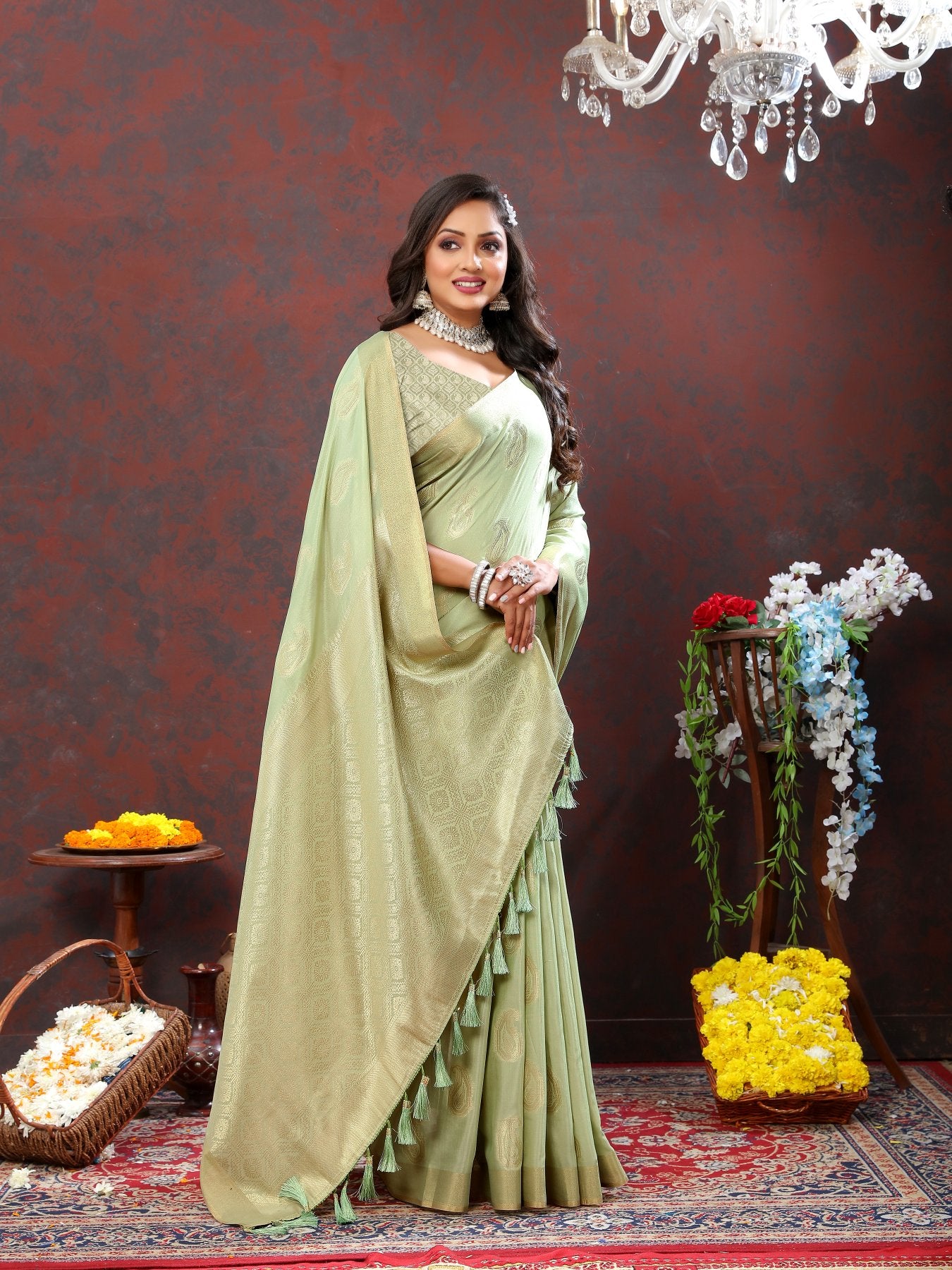 Demesne Pista Cotton Silk Saree With Seraglio Blouse Piece