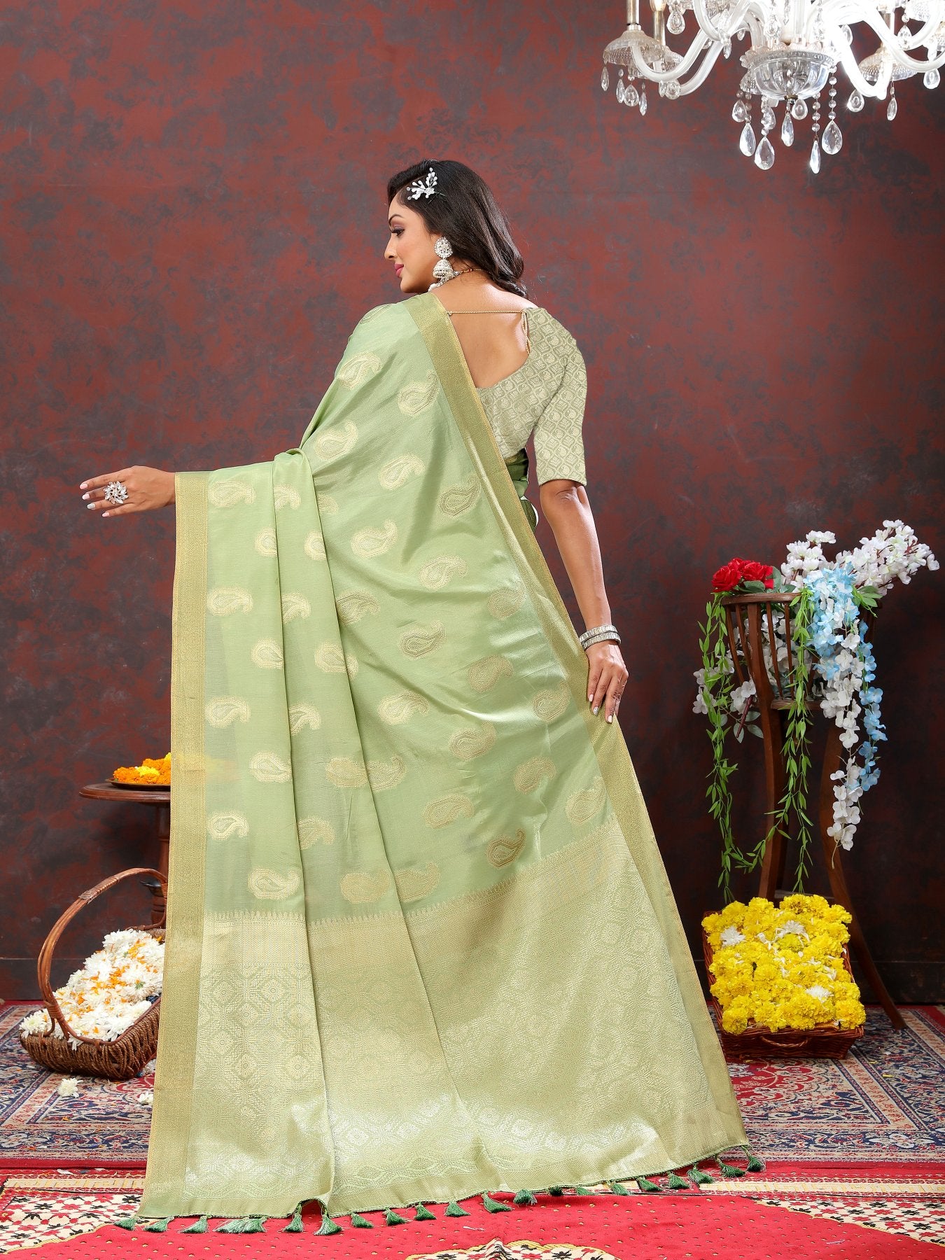 Demesne Pista Cotton Silk Saree With Seraglio Blouse Piece