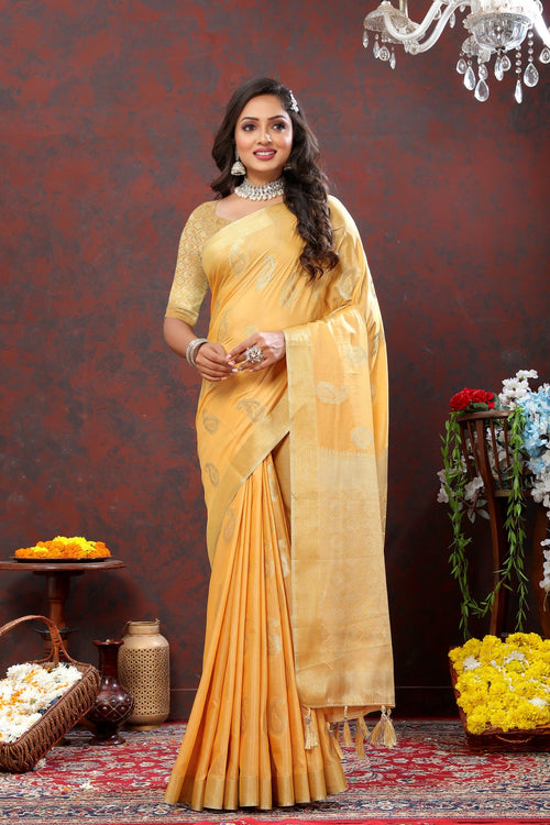 Load image into Gallery viewer, Fantabulous Yellow Cotton Silk Saree With Denouement Blouse Piece
