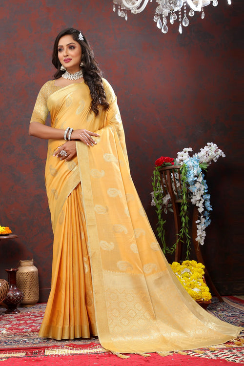 Load image into Gallery viewer, Fantabulous Yellow Cotton Silk Saree With Denouement Blouse Piece
