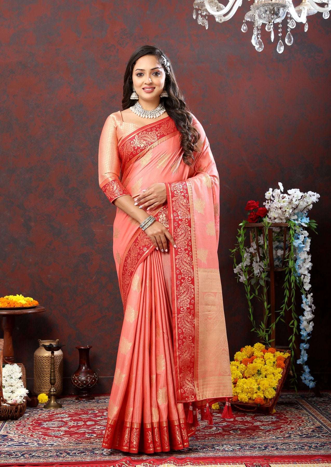 Lagniappe Peach Cotton Silk Saree With Gratifying Blouse Piece