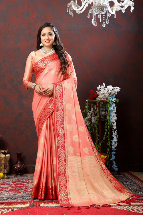 Load image into Gallery viewer, Lagniappe Peach Cotton Silk Saree With Gratifying Blouse Piece
