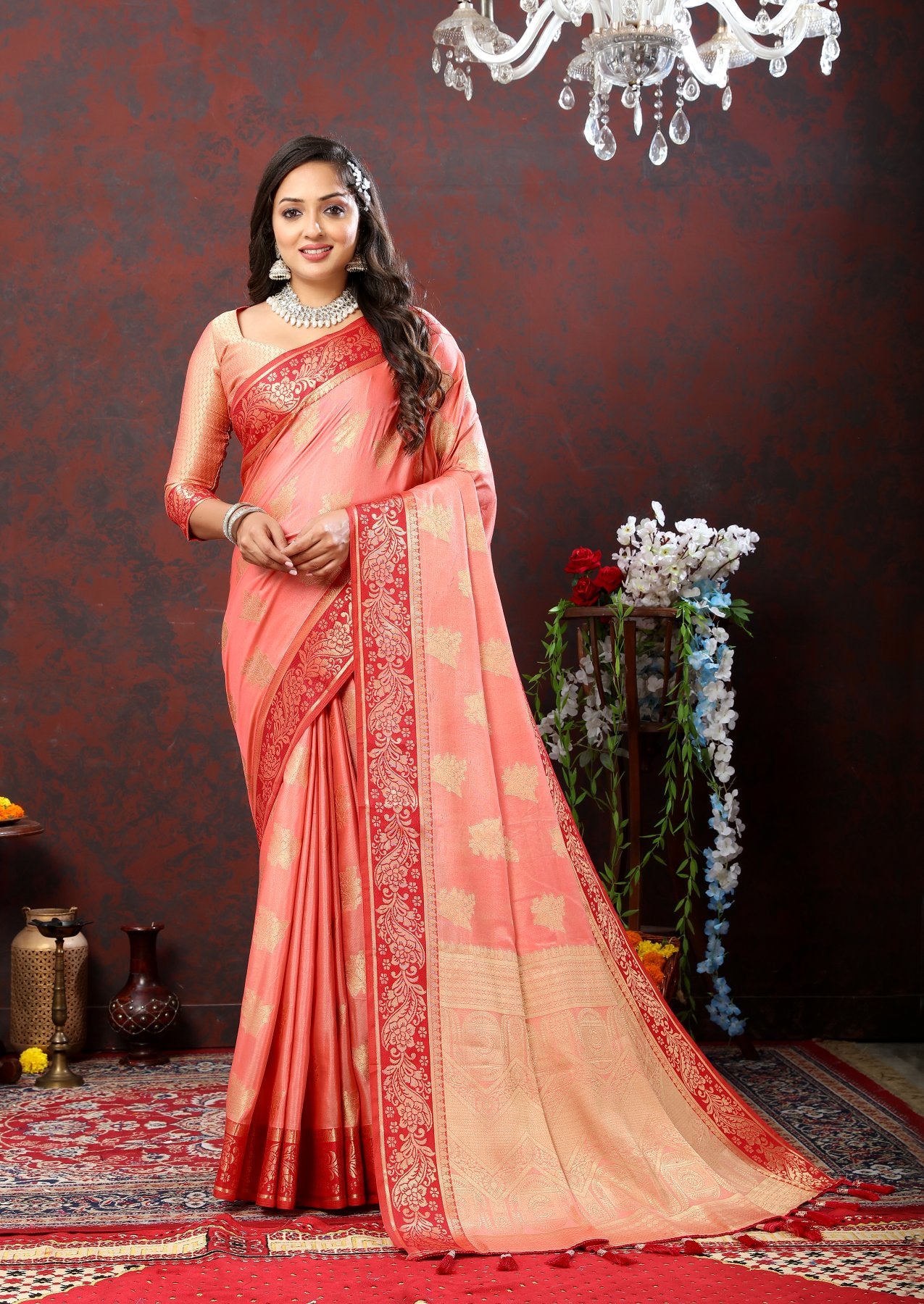 Lagniappe Peach Cotton Silk Saree With Gratifying Blouse Piece