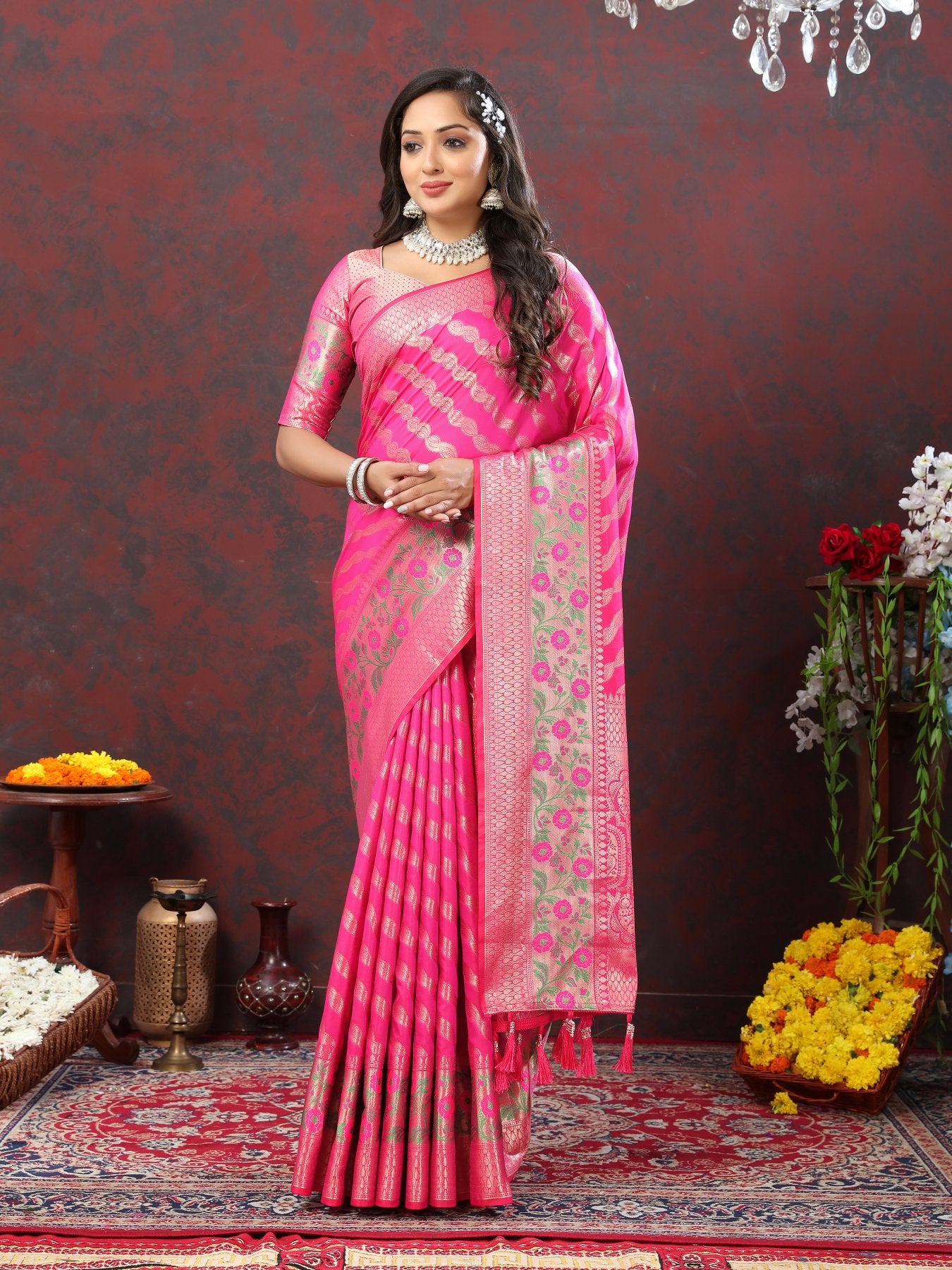 Efflorescence Dark Pink Soft Banarasi Silk Saree With Redolent Blouse Piece