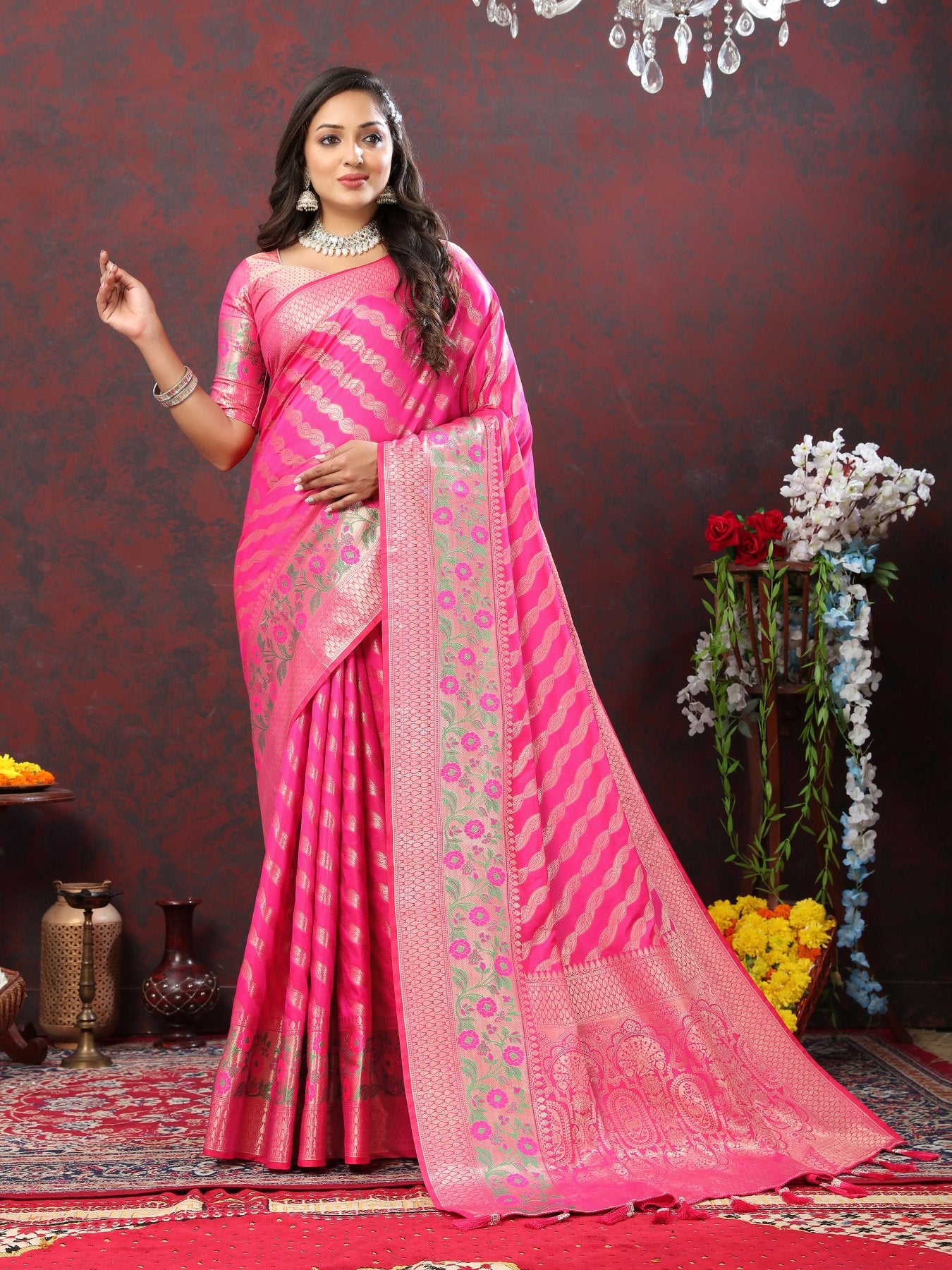 Efflorescence Dark Pink Soft Banarasi Silk Saree With Redolent Blouse Piece