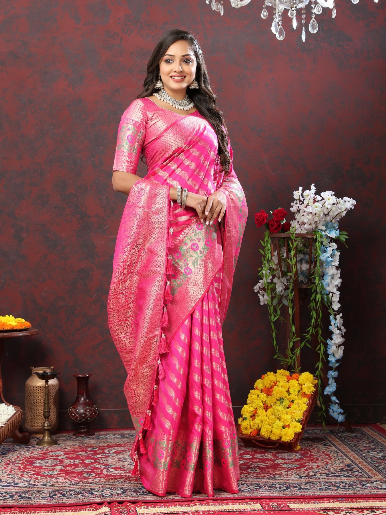 Efflorescence Dark Pink Soft Banarasi Silk Saree With Redolent Blouse Piece