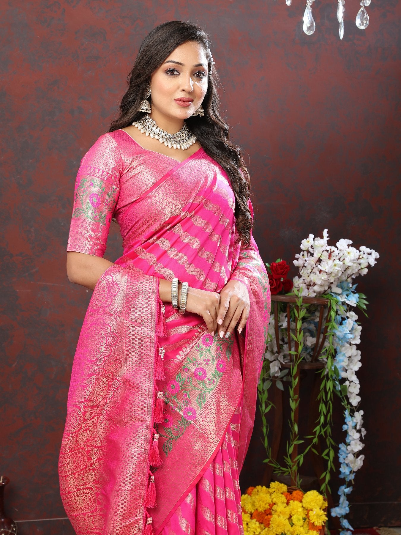 Efflorescence Dark Pink Soft Banarasi Silk Saree With Redolent Blouse Piece