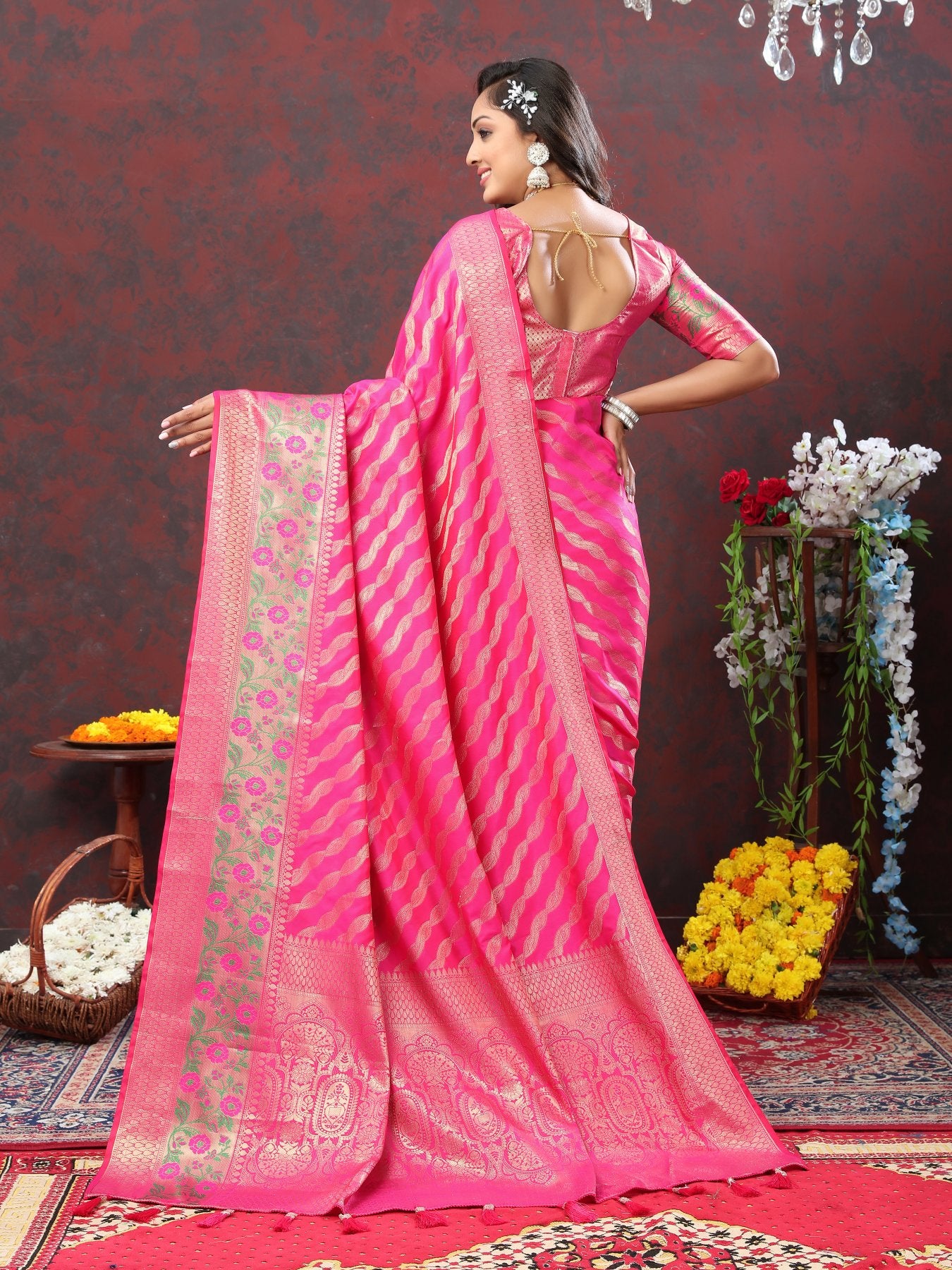 Efflorescence Dark Pink Soft Banarasi Silk Saree With Redolent Blouse Piece