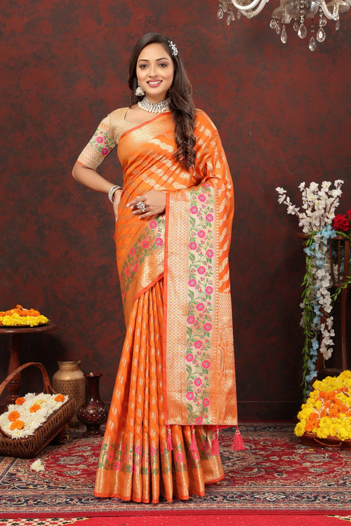 Load image into Gallery viewer, Snazzy Orange Soft Banarasi Silk Saree With Exuberant Blouse Piece
